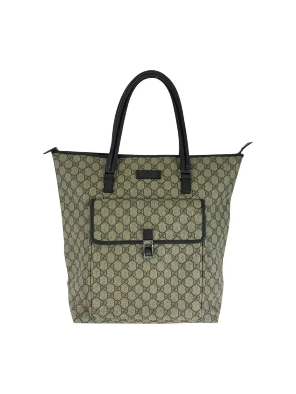 Gucci Beige Brown Silver GG Supreme Canvas Tote Shoulder